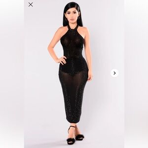 Fashion Nova Sexy Sheer Black Rhinestone Halter Neck Dress Large Bodycon Glam